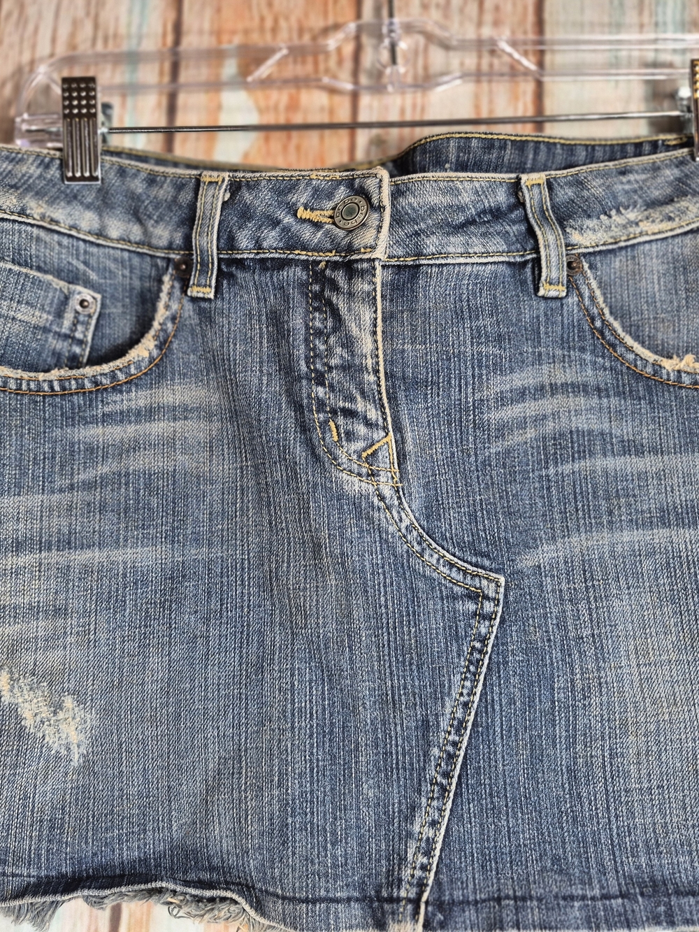 VTG Y2k Bebe Distressed Light Blue Denim Mini Skirt Size 31